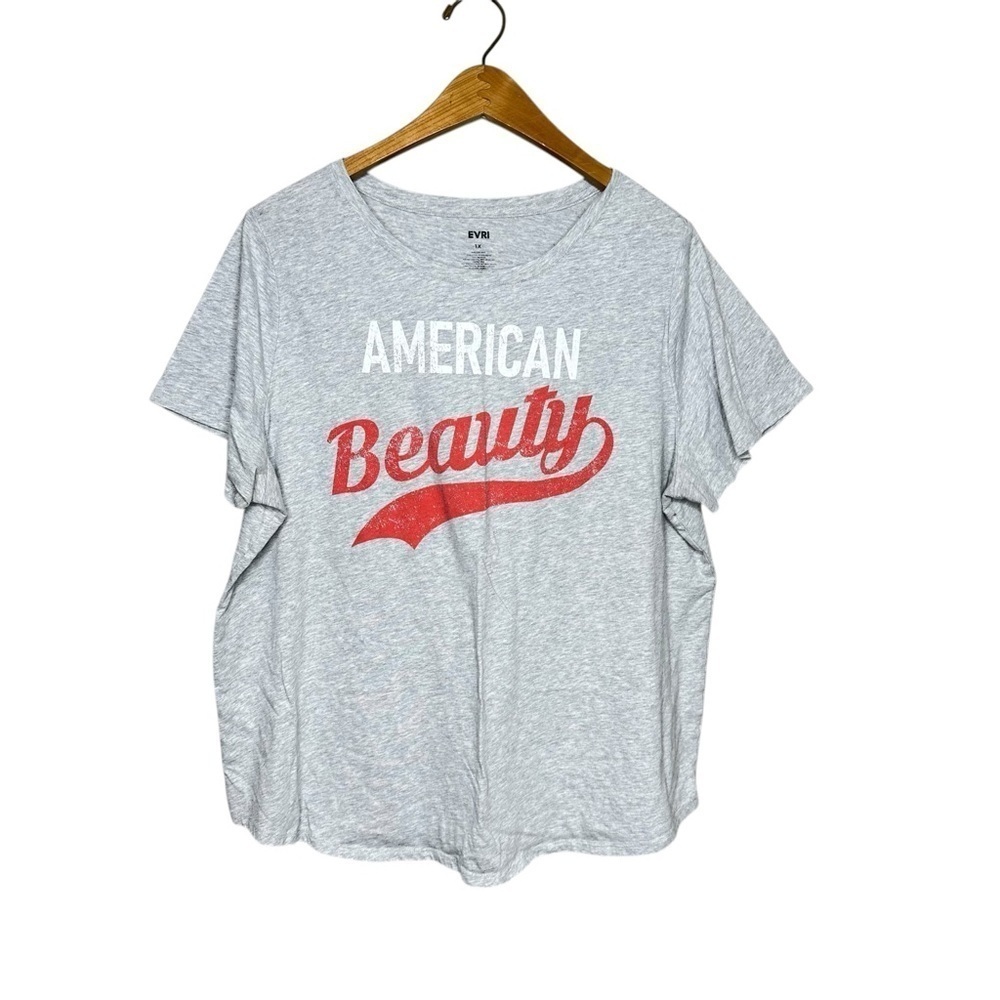 Evri Women’s American Beauty Gray Graphic Tee Shirt Short Sleeved Size 1X